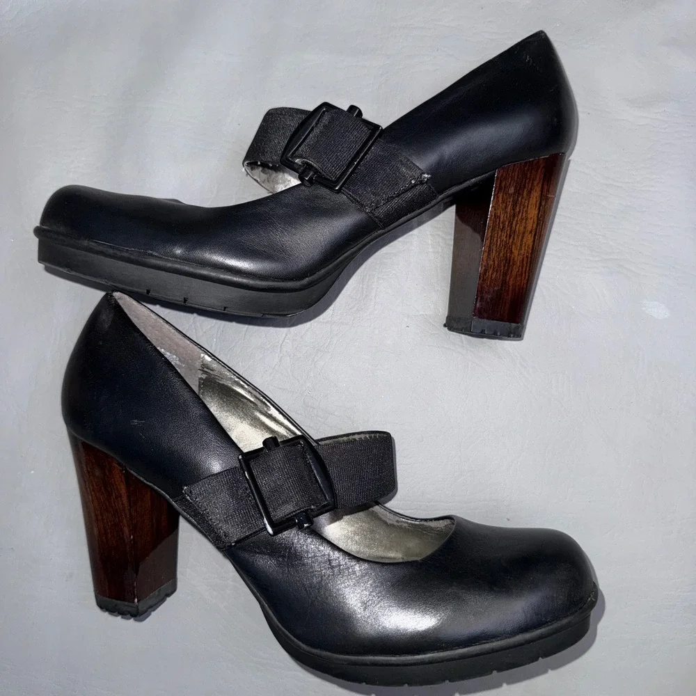 Kenneth‎ Cole Reaction Black Leather Mary Jane Platform Wood Block Heels 7.5M